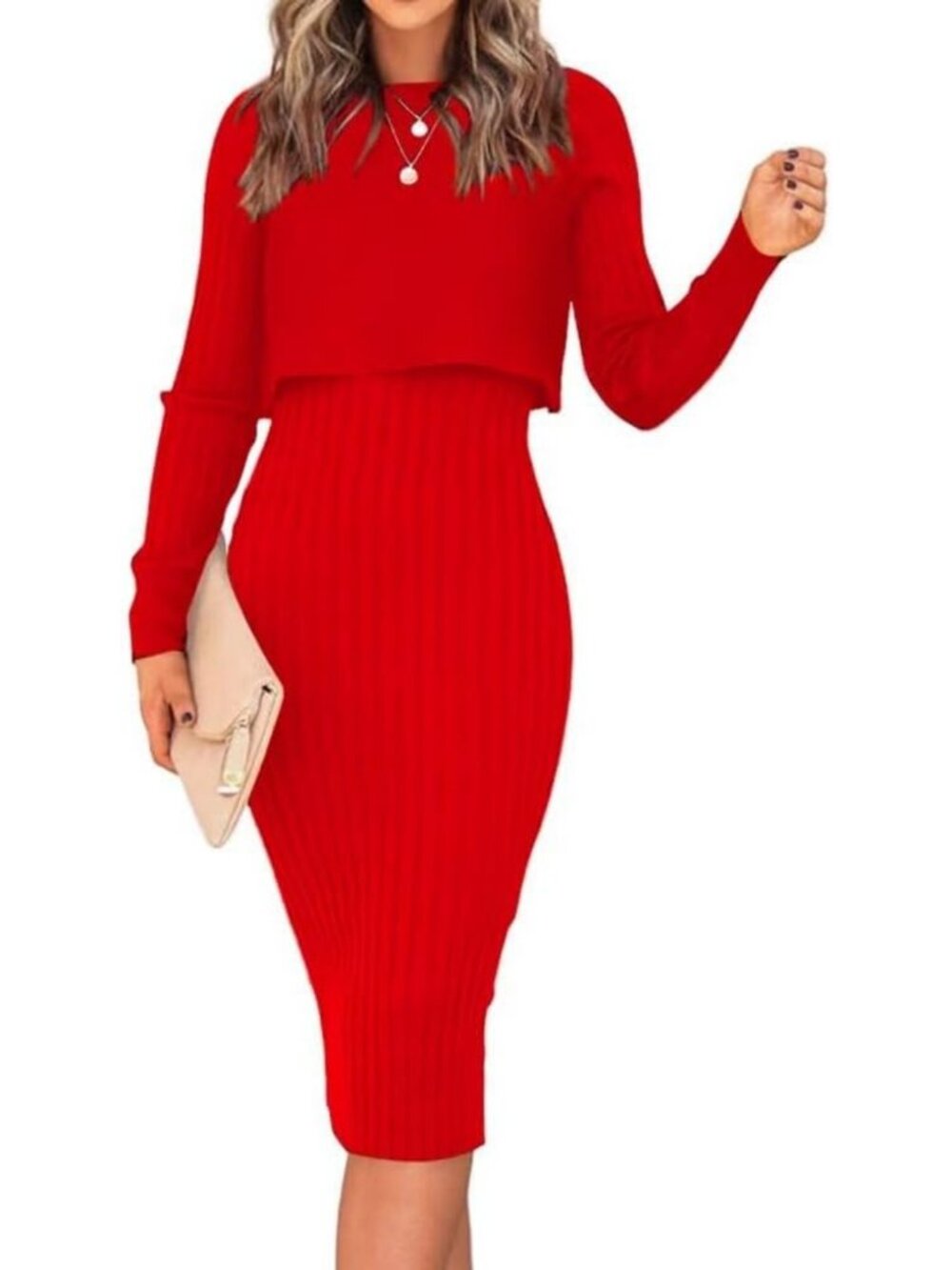 Chic Women's 2-Piece Ribbed Knit Sweater Dress Set - Long Sleeve Crop Top & Midi